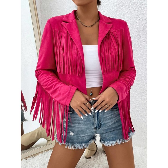 WILA Jackets & Blazers - boho cowboy Fringe Trim Open Front Jacket vegan suede hot pink
